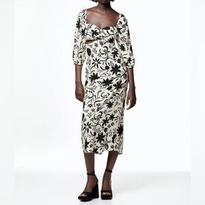 Zara Floral Black and White Strappy Back Midi Dress